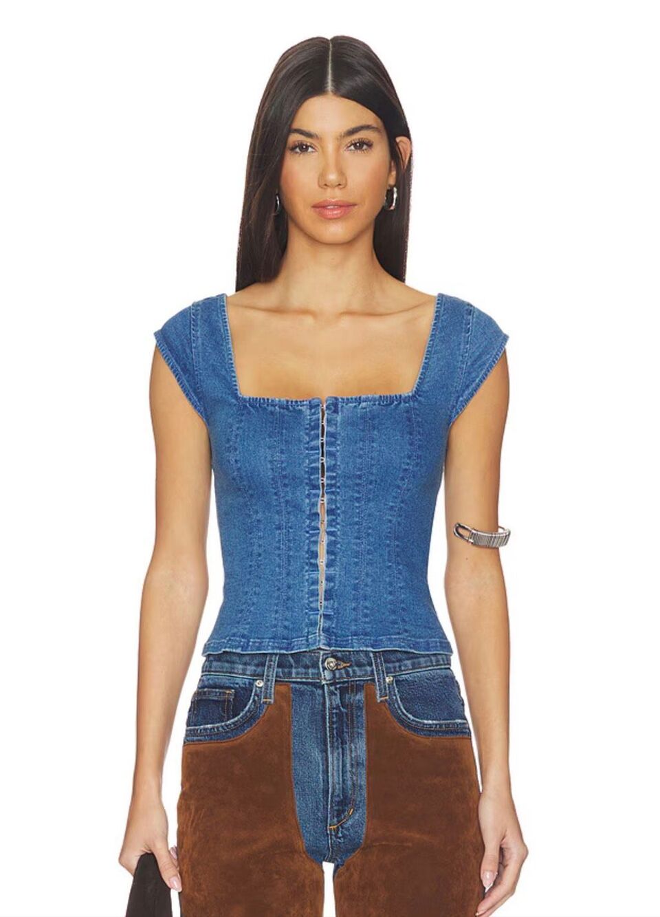 Free People Marilyn Denim Corset Square Neck Red Size M